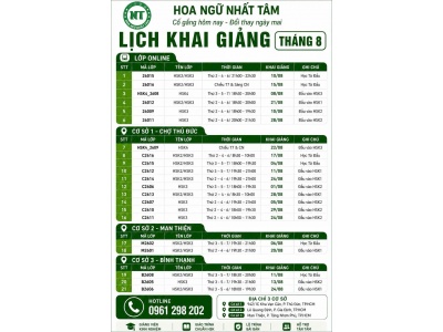 LỊCH KHAI GIẢNG THÁNG 8.2026